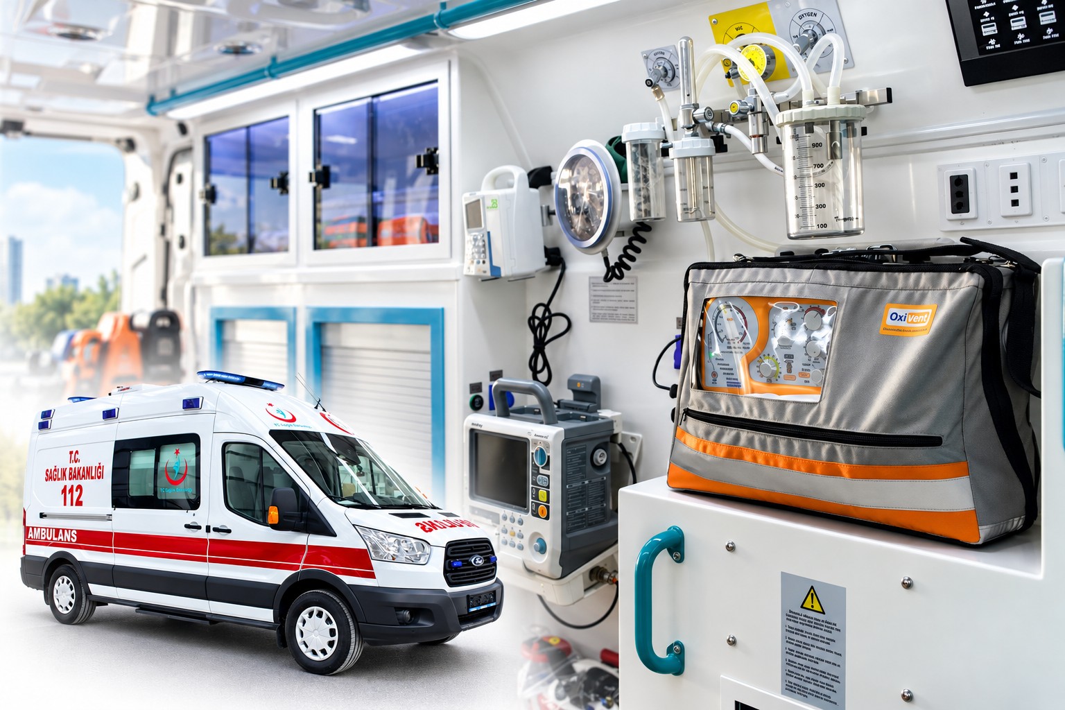 Ambulans içinde, taşıma çantasıyla Oxivent Oxi2